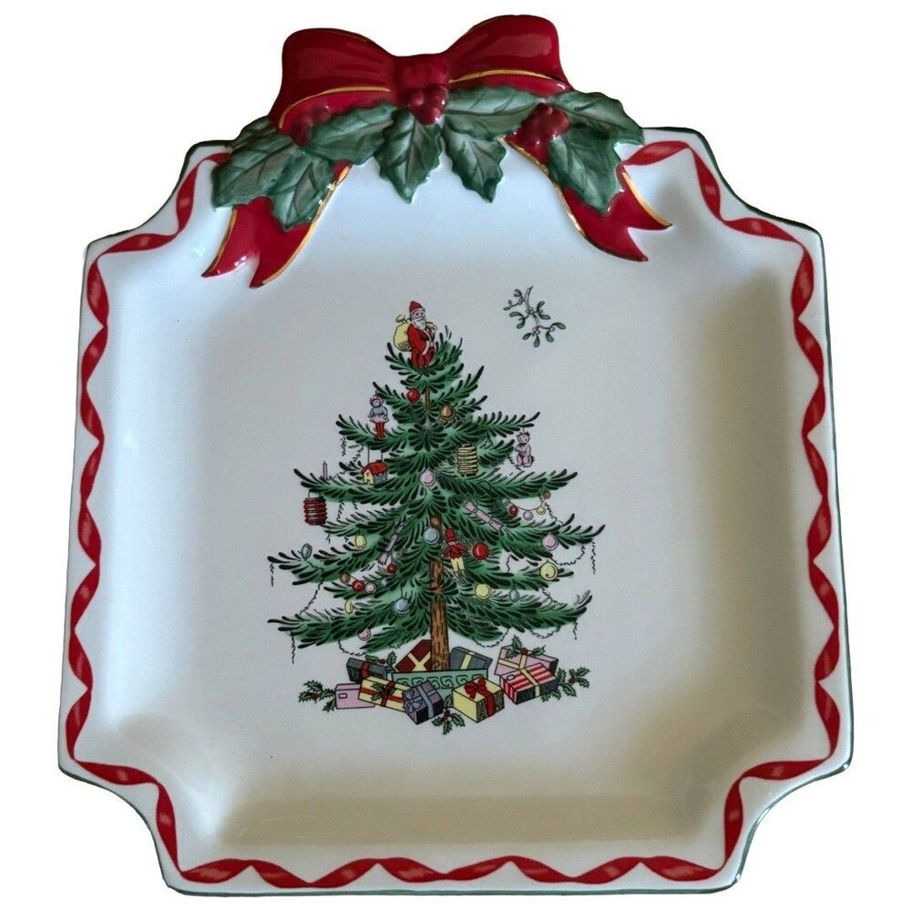 Spode Christmas Tree Canape Platter Ribbons 6.5” Dessert Plate Holiday